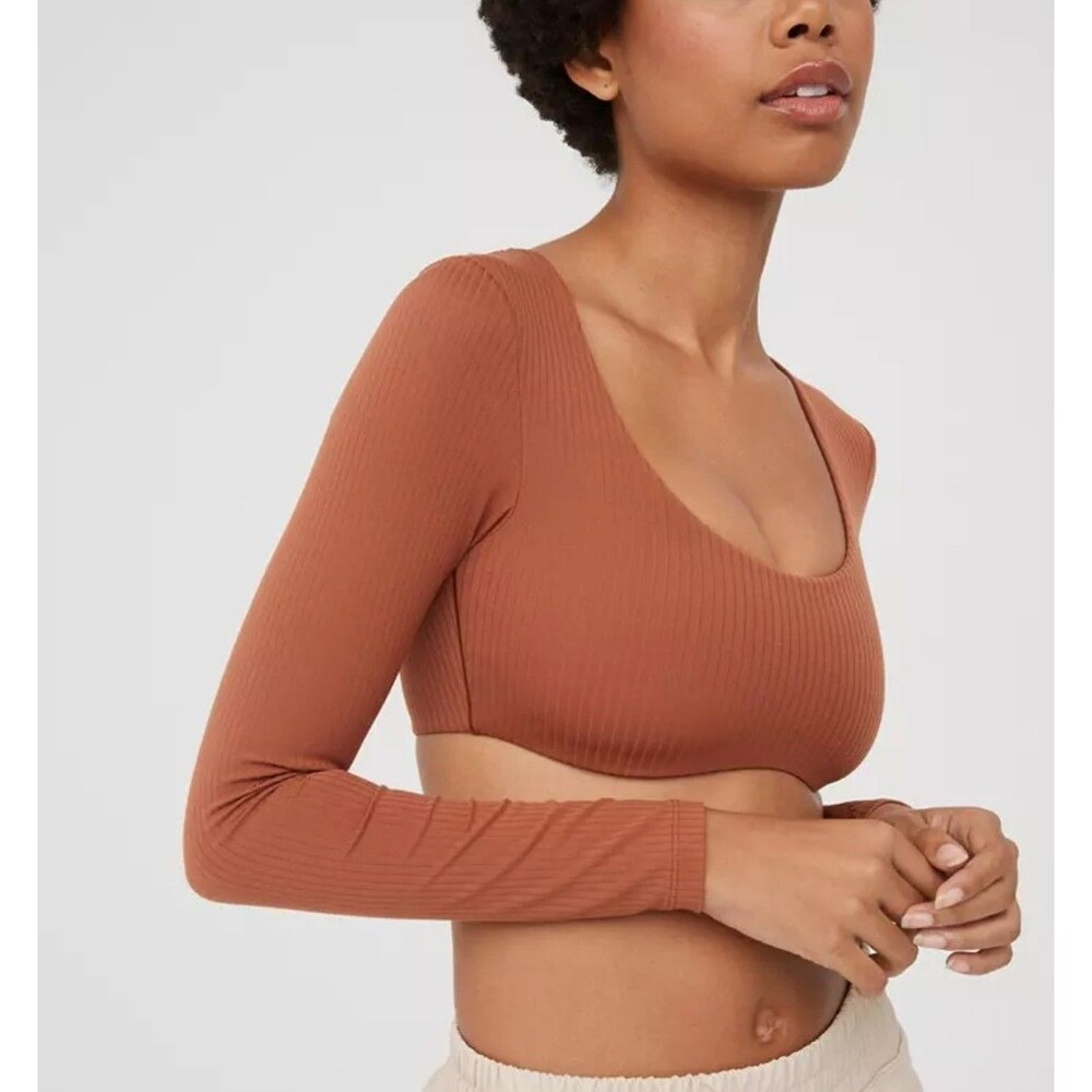 OFFLINE by Aerie Cropped Bra Top Size Medium Rust Orange Long Sleeve "Real Me"